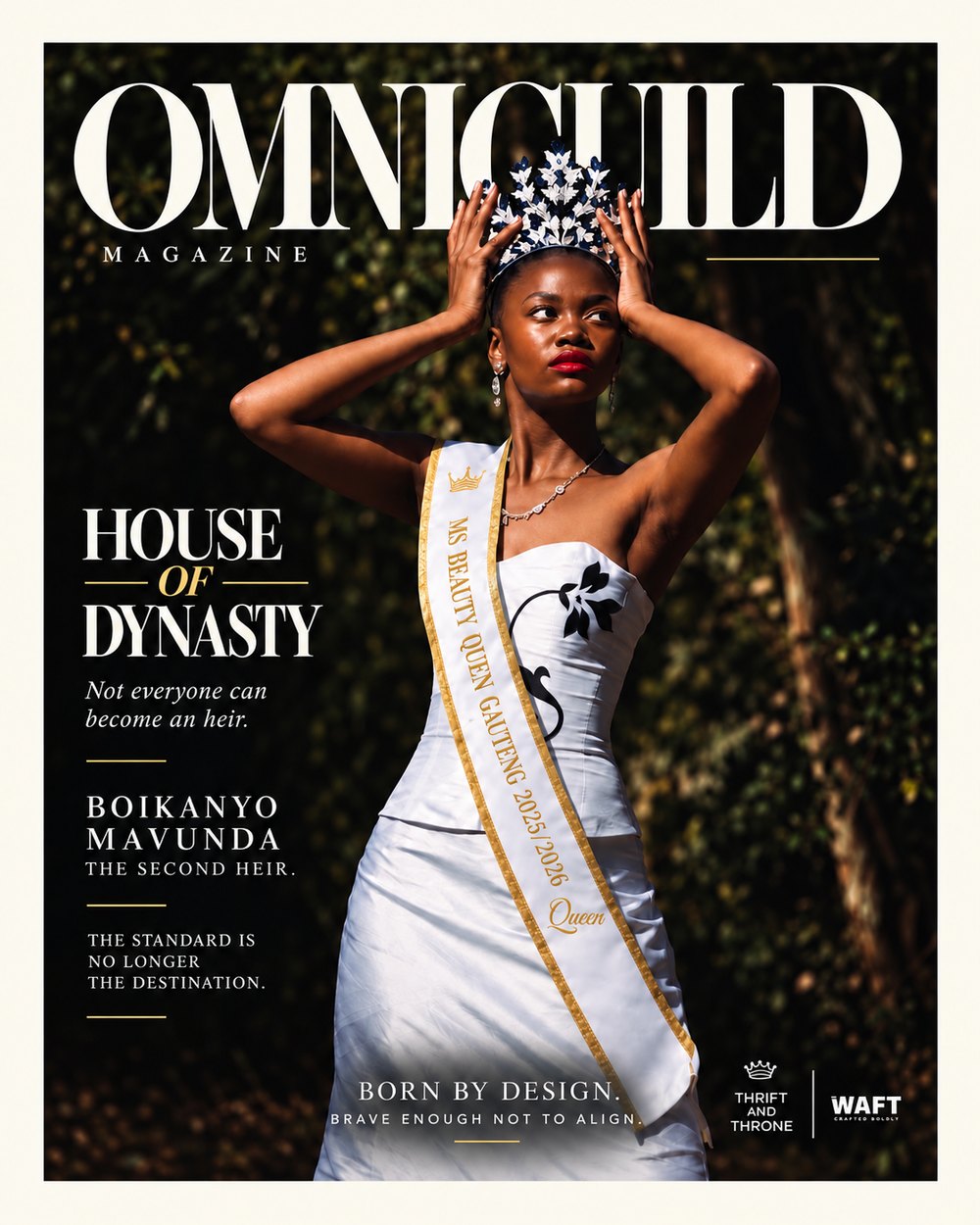 Omniguild cover, House of Dynasty: Boikanyo Mavunda, Ms Beauty Queen Gauteng 2025/2026, holding a crown against dark foliage